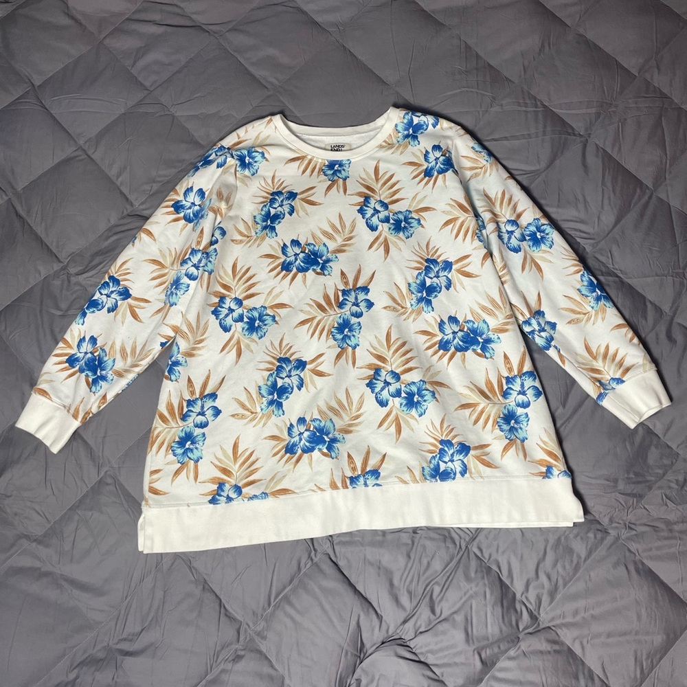 Lands' End Blue and White Crew Neck Sweater 2x